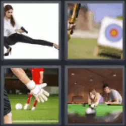 4 pics 1 word 3 letters target, billiards, soccer, pistol