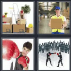 4 pics 1 word 3 letter boxing gloves, fight, boxes, delivery man