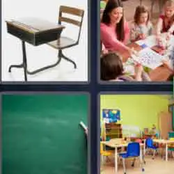 4 pics 1 word 9 letters desk, teacher with students