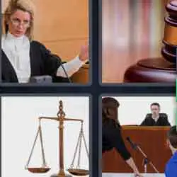 4 pics 1 word 9 letters judge, scales of justice, gavel