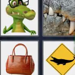 4 pics 1 word 9 letters crocodile with glasses, bag, sign