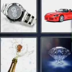 4 pics 1 word 9 letters hand watch, red sports car