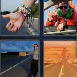 4 pics 1 word 9 letters highway man hitchhiking