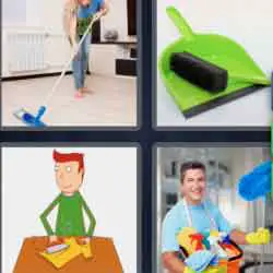 4 pics 1 word 9 letters broom and green dustpan, cleaning woman