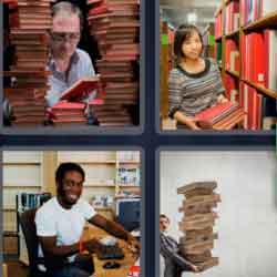 4 pics 1 word 9 letters library, man with red books