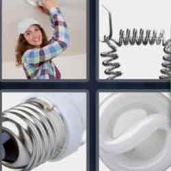 4 pics 1 word 9 letters cable, light bulb, woman in plaid shirt