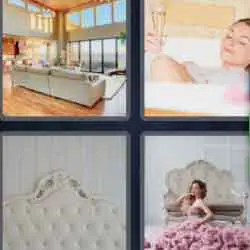4 pics 1 word 9 letters living room, bath, bed
