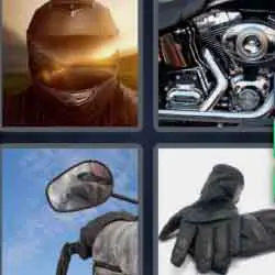 4 pics 1 word 9 letters motorcycle engine, helmet, gloves
