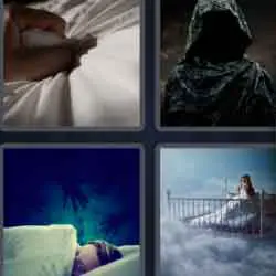 4 pics 1 word 9 letters bed in the clouds, woman sleeping