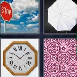 4 pics 1 word 9 letters umbrella, wall clock, stop sign