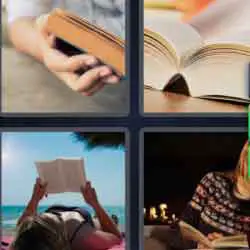 4 pics 1 word 9 letters books, woman reading on the beach