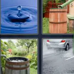 4 pics 1 word 9 letters car on wet road, raindrop