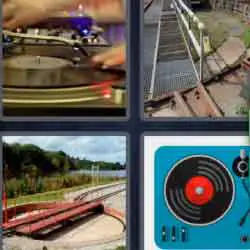 4 pics 1 word 9 letters record player, vinyl, railroad tracks