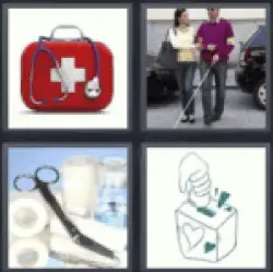 4 pics 1 word 3 letter first aid kit, first aid kit, man with cane