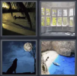 4 pics 1 word 3 letters beach, wolf howling at full moon