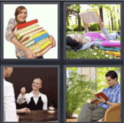 4 pics 1 word woman carrying pile of books