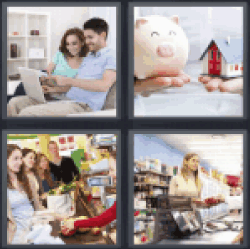 4 pics 1 word 3 letters piggy bank, house, shopping