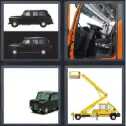 4 pics 1 word 3 letters black car, yellow tow truck, english taxi