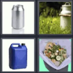 4 pics 1 word 3 letter milk churn, garbage can, blue jerrycan