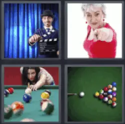 4 pics 1 word 3 letters billiards, woman pointing, clapperboard