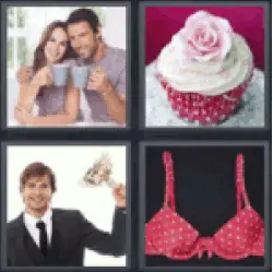 4 pics 1 word 3 letters red polka dot bra, cupcake, couple