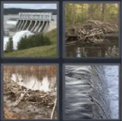 4 pics 1 word 3 letter water dam, river, waterfall, lake