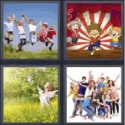 4 pics 1 word group of children jumping