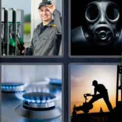 4 pics 1 word 3 letter gas station technician, gas mask, fire