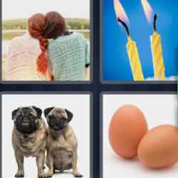 4 pics 1 word 3 letters eggs, dogs, yellow candles, friends