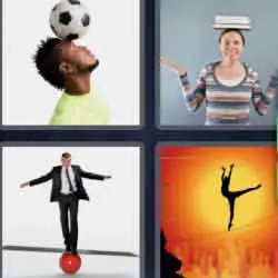 4 pics 1 word 9 letters juggling, books on the head