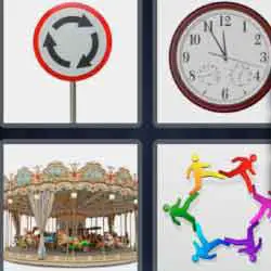 4 pics 1 word 9 letters merry-go-round, traffic sign, clock