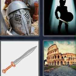 4 pics 1 word 9 letters roman colosseum, dagger, armor