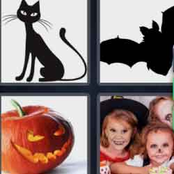 4 pics 1 word 9 letters black cat, bat, pumpkin