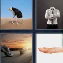 4 pics 1 word 9 letters headless man, hand, ostrich