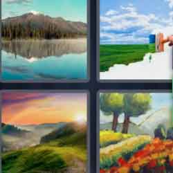 4 pics 1 word 9 letters lake, mountains, landscape