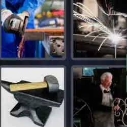 4 pics 1 word 9 letters hammer and anvil, man with bow tie
