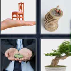 4 pics 1 word 9 letters small chair on hand, coins, bonsay