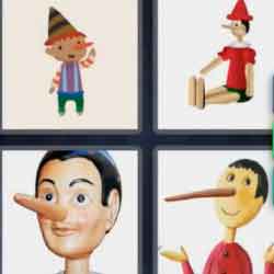 4 pics 1 word 9 letters pinocchio, wooden doll