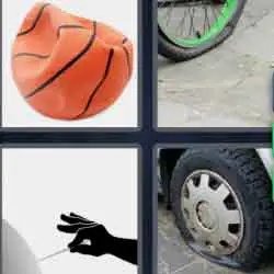 4 pics 1 word 9 letters deflated basketball, punctured wheel