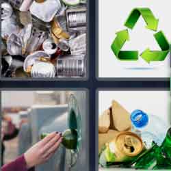 4 pics 1 word 9 letters green recycle symbol, cans, garbage