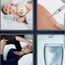 4 pics 1 word 9 letters glass of water, vaccine, sick girl